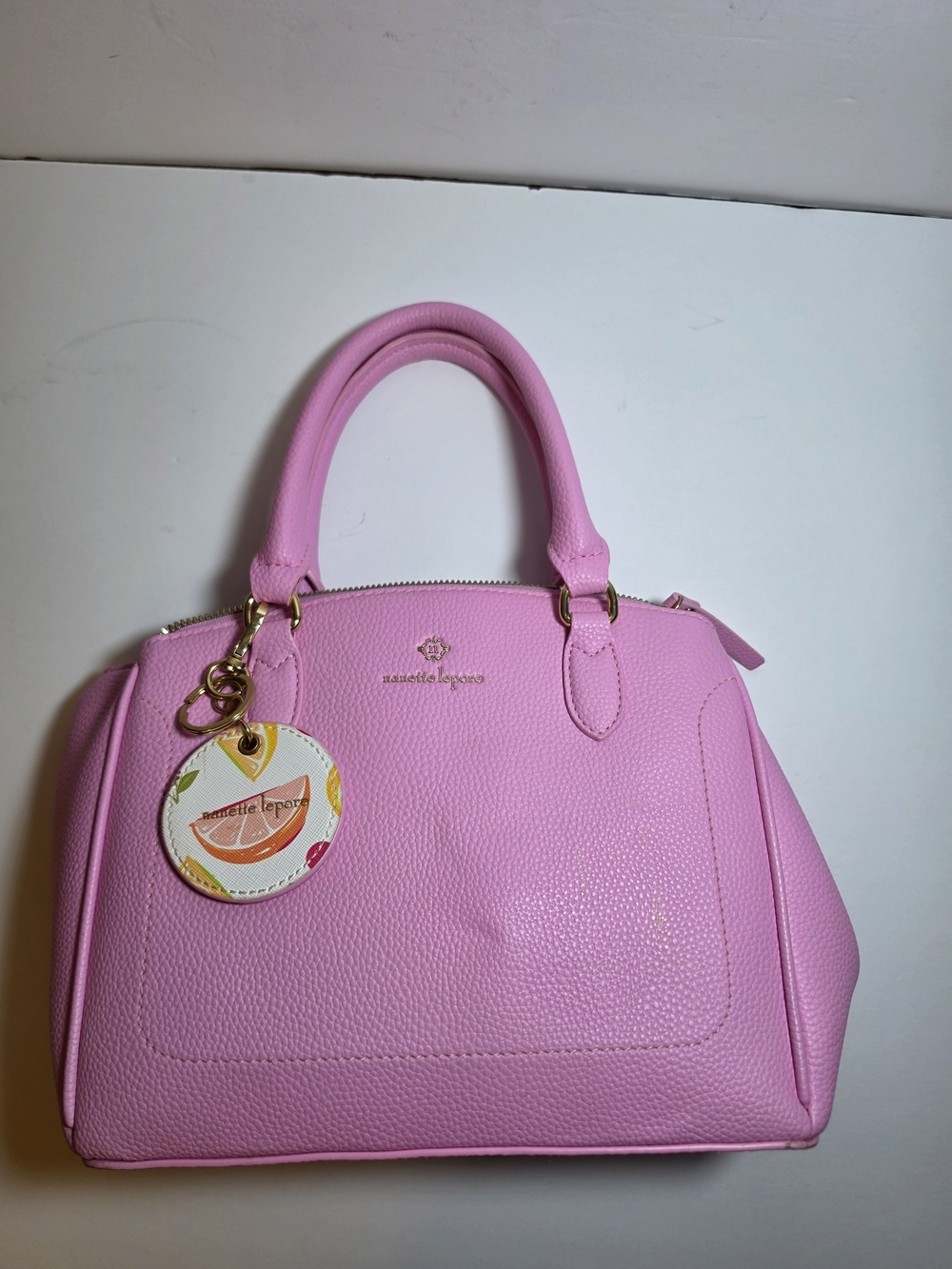 Nanette Lepore Lavender Structured Pebbled Purse With Fruity Keychain Sz 7.5" H